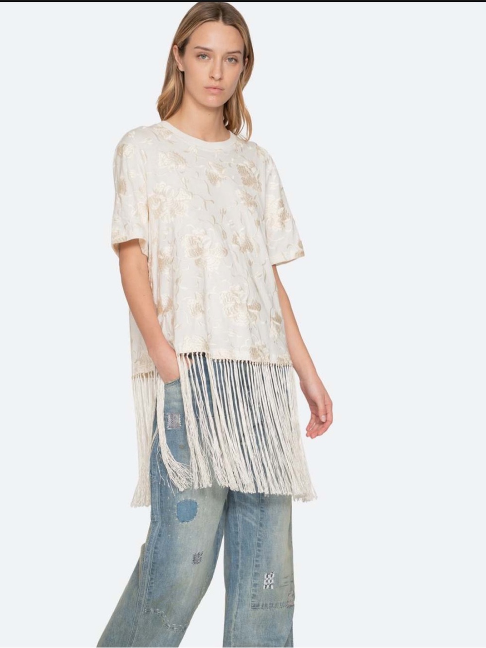 Sea Cream Floral Fringe Tunic Top